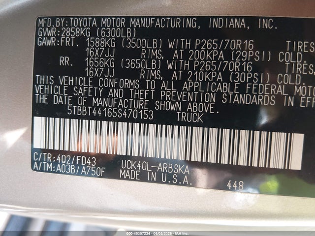 Aukcja sprzedaży 2005 Toyota Tundra Sr5 V8, vin: 5TBBT44165S470153, numer aukcji: 45307234