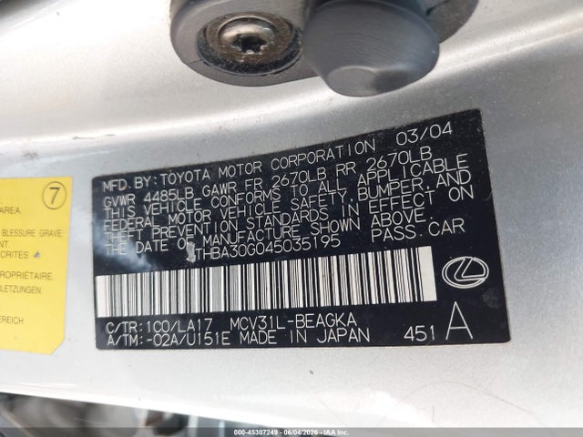 Продаж на аукціоні авто 2004 Lexus Es 330, vin: JTHBA30G045035195, номер лоту: 45307249