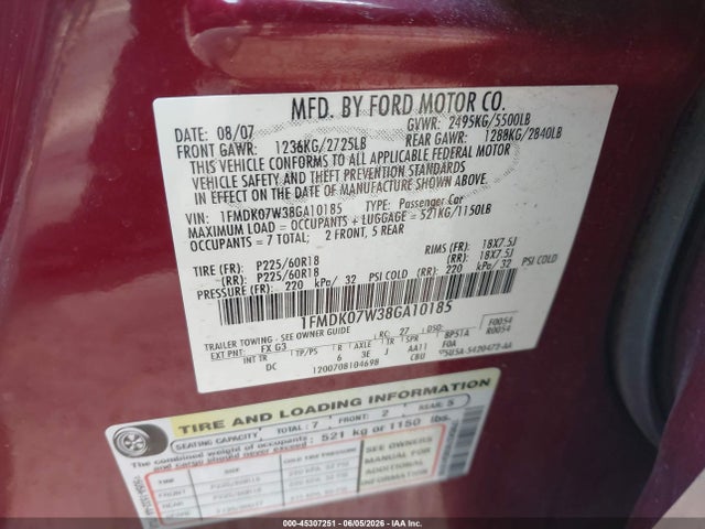 Продаж на аукціоні авто 2008 Ford Taurus X Eddie Bauer, vin: 1FMDK07W38GA10185, номер лоту: 45307251