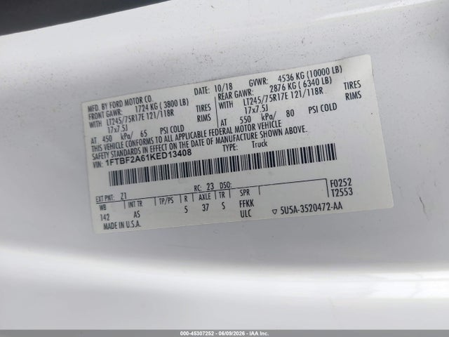 Aukcja sprzedaży 2019 Ford F-250 Xl, vin: 1FTBF2A61KED13408, numer aukcji: 45307252