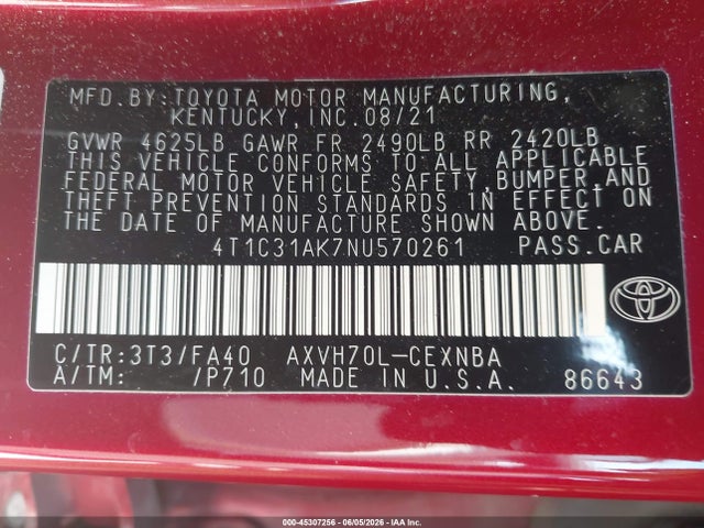 Aukcja sprzedaży 2022 Toyota Camry Le Hybrid, vin: 4T1C31AK7NU570261, numer aukcji: 45307256