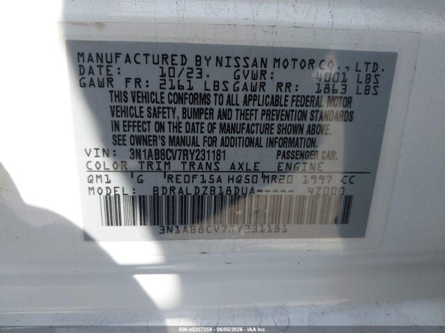 2024 Nissan Sentra Sv Xtronic Cvt მანქანა იყიდება აუქციონზე, vin: 3N1AB8CV7RY231181, აუქციონის ნომერი: 45307259