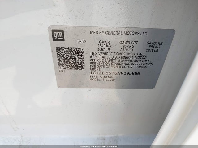 Продаж на аукціоні авто 2022 Chevrolet Malibu Fwd Lt, vin: 1G1ZD5ST6NF195986, номер лоту: 45307267