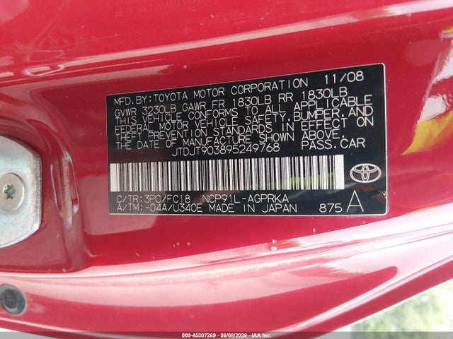 Aukcja sprzedaży 2009 Toyota Yaris, vin: JTDJT903895249768, numer aukcji: 45307269