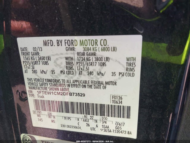 45307273 :رقم المزاد ، 1FTEW1CM2DFB73529 vin ، 2013 Ford F-150 Xlt مزاد بيع