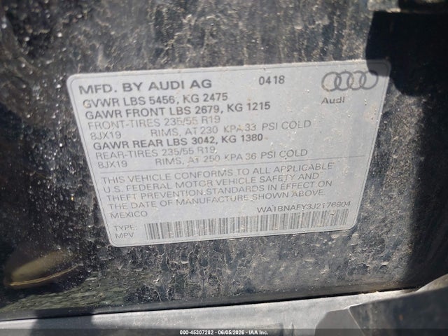 Продажа на аукционе авто 2018 Audi Q5 2.0t Premium/2.0t Tech Premium, vin: WA1BNAFY3J2176604, номер лота: 45307282