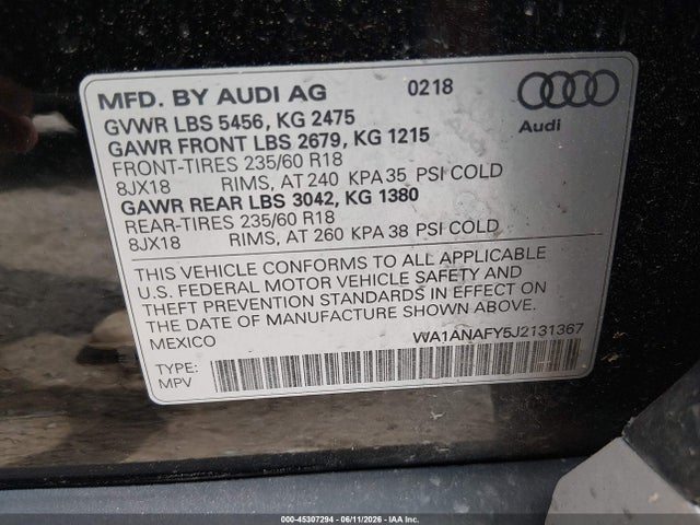 2018 Audi Q5 2.0t Premium/2.0t Tech Premium მანქანა იყიდება აუქციონზე, vin: WA1ANAFY5J2131367, აუქციონის ნომერი: 45307294