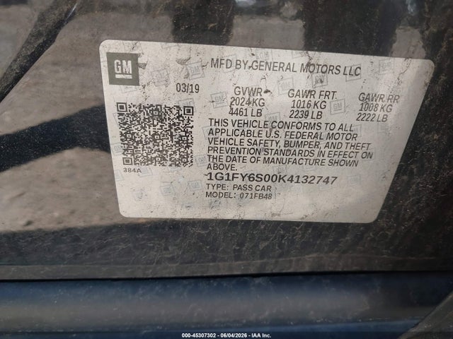 45307302 :رقم المزاد ، 1G1FY6S00K4132747 vin ، 2019 Chevrolet Bolt Ev Lt مزاد بيع