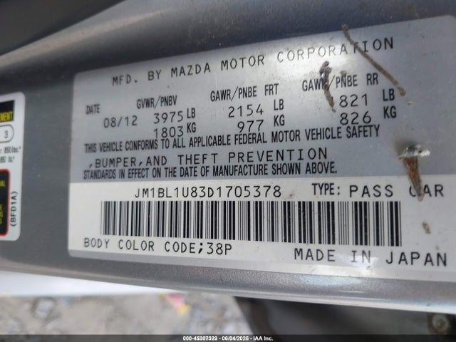 Aukcja sprzedaży 2013 Mazda Mazda3 I Sport, vin: JM1BL1U83D1705378, numer aukcji: 45307329