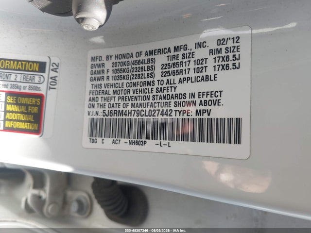 Продажа на аукционе авто 2012 Honda Cr-v Ex-l, vin: 5J6RM4H79CL027442, номер лота: 45307346