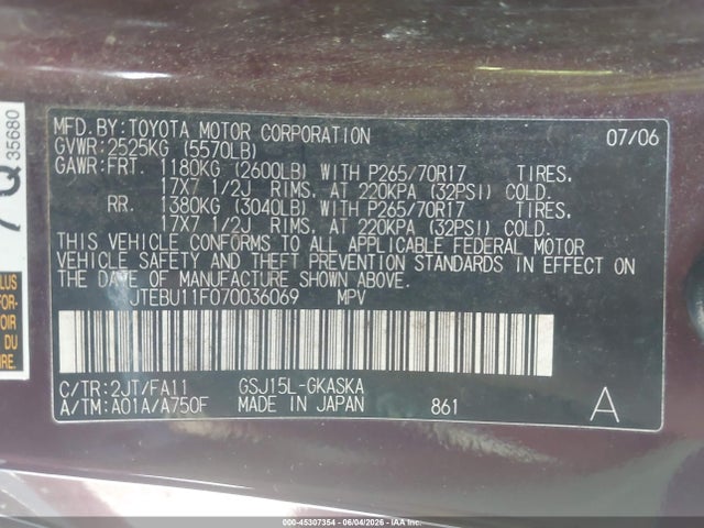 Продажа на аукционе авто 2007 Toyota Fj Cruiser, vin: JTEBU11F070036069, номер лота: 45307354