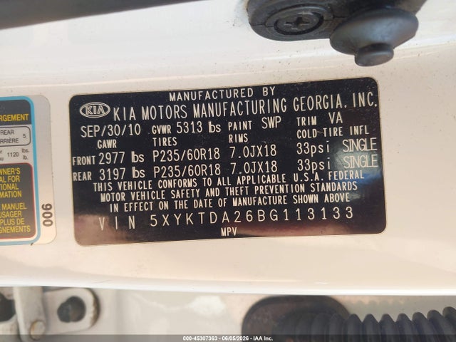 Aukcja sprzedaży 2011 Kia Sorento Lx V6, vin: 5XYKTDA26BG113133, numer aukcji: 45307363