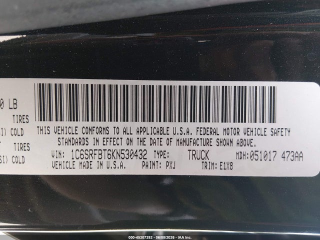 45307392 :رقم المزاد ، 1C6SRFBT6KN530432 vin ، 2019 Ram 1500 Big Horn/lone Star Quad Cab 4x4 6'4 Box مزاد بيع