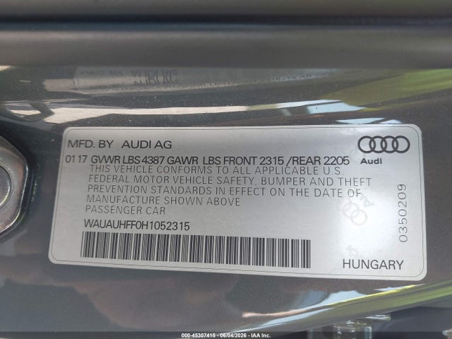 Aukcja sprzedaży 2017 Audi A3 Premium, vin: WAUAUHFF0H1052315, numer aukcji: 45307415