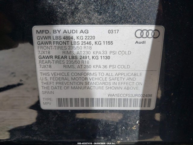 45307416 :رقم المزاد ، WA1ECCFS3JR002498 vin ، 2018 Audi Q3 2.0t Premium/2.0t Sport Premium مزاد بيع