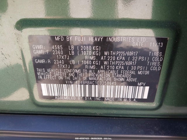 Aukcja sprzedaży 2014 Subaru Outback 2.5i, vin: 4S4BRBAC1E3258645, numer aukcji: 45307423
