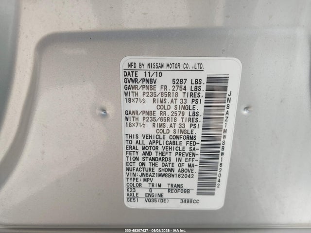 Aukcja sprzedaży 2011 Nissan Murano Sl, vin: JN8AZ1MW8BW162042, numer aukcji: 45307437