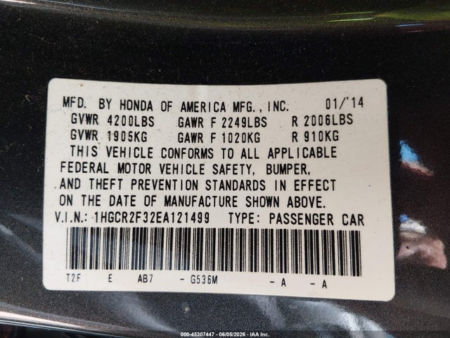 2014 Honda Accord Lx მანქანა იყიდება აუქციონზე, vin: 1HGCR2F32EA121499, აუქციონის ნომერი: 45307447
