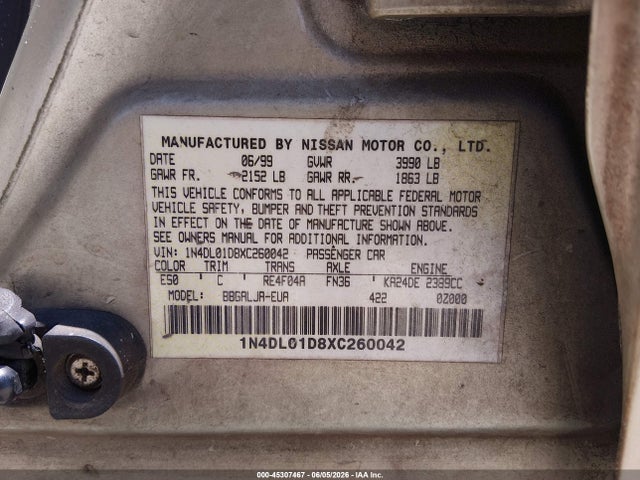 Продажа на аукционе авто 1999 Nissan Altima Gle/gxe/se/se-l/xe, vin: 1N4DL01D8XC260042, номер лота: 45307467
