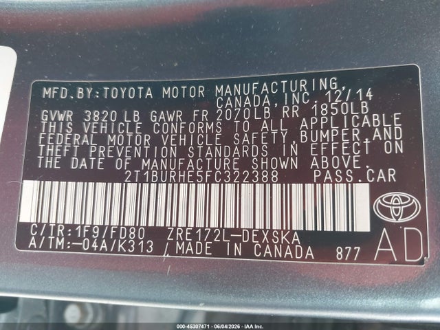 45307471 :رقم المزاد ، 2T1BURHE5FC322388 vin ، 2015 Toyota Corolla S Plus مزاد بيع