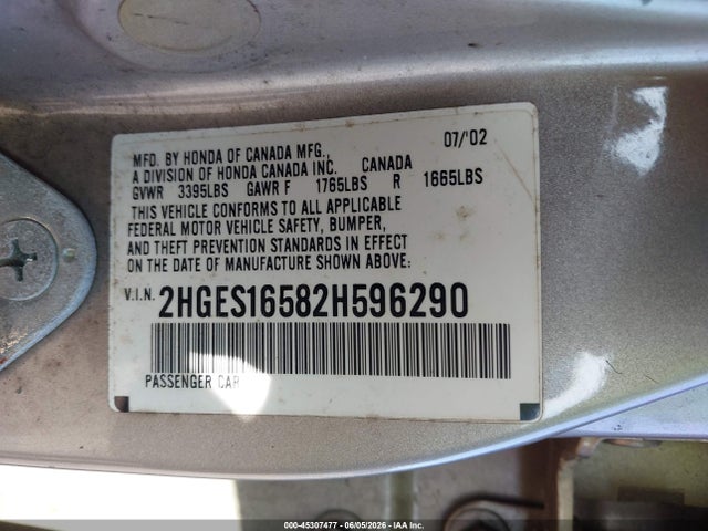 2002 Honda Civic Lx მანქანა იყიდება აუქციონზე, vin: 2HGES16582H596290, აუქციონის ნომერი: 45307477
