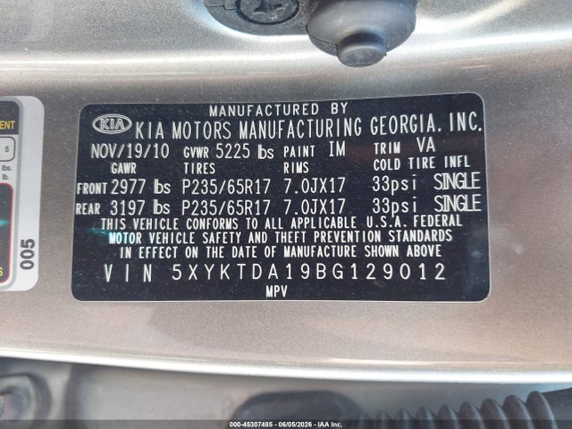 Aukcja sprzedaży 2011 Kia Sorento Lx, vin: 5XYKTDA19BG129012, numer aukcji: 45307485
