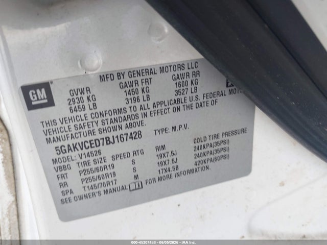 45307488 :رقم المزاد ، 5GAKVCED7BJ167428 vin ، 2011 Buick Enclave 2xl مزاد بيع