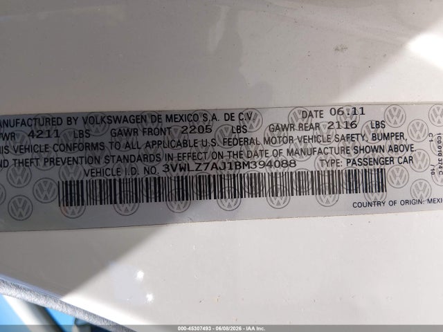 2011 Volkswagen Jetta 2.5l Sel მანქანა იყიდება აუქციონზე, vin: 3VWLZ7AJ1BM394088, აუქციონის ნომერი: 45307493