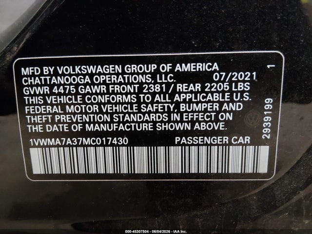 Продажа на аукционе авто 2021 Volkswagen Passat 2.0t R-line, vin: 1VWMA7A37MC017430, номер лота: 45307504