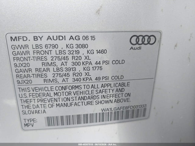 Aukcja sprzedaży 2015 Audi Q7 3.0t Premium, vin: WA1LGAFE8FD031333, numer aukcji: 45307518