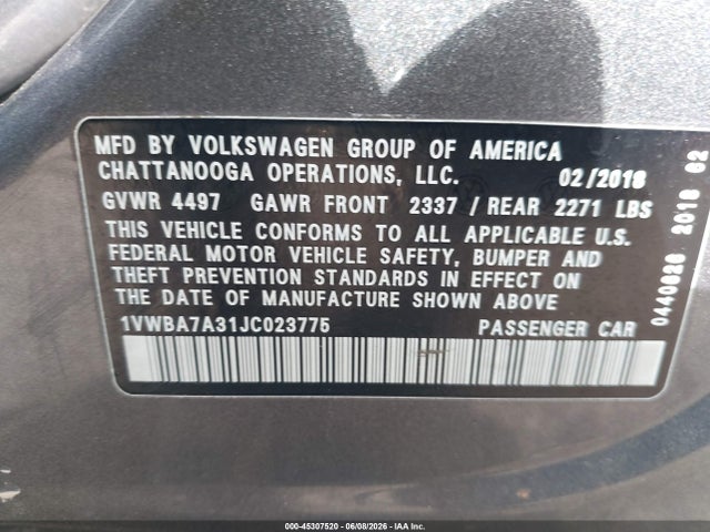 Продаж на аукціоні авто 2018 Volkswagen Passat 2.0t Se, vin: 1VWBA7A31JC023775, номер лоту: 45307520
