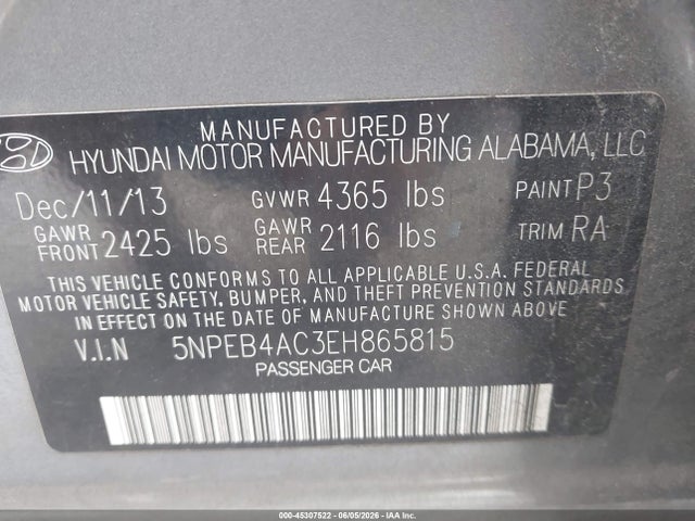 Aukcja sprzedaży 2014 Hyundai Sonata Gls, vin: 5NPEB4AC3EH865815, numer aukcji: 45307522