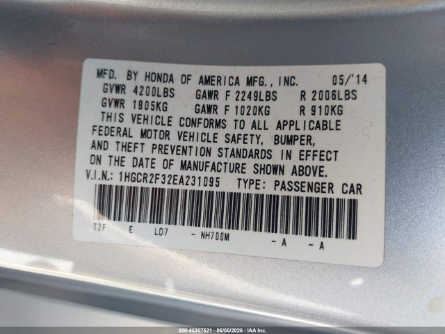 45307521 :رقم المزاد ، 1HGCR2F32EA231095 vin ، 2014 Honda Accord Lx مزاد بيع