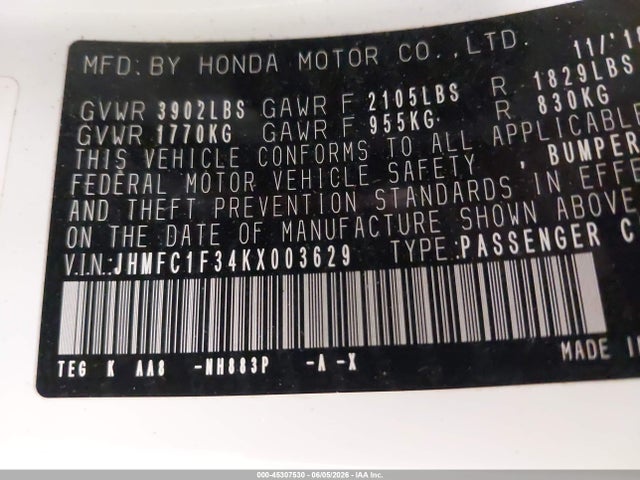 2019 Honda Civic Ex მანქანა იყიდება აუქციონზე, vin: JHMFC1F34KX003629, აუქციონის ნომერი: 45307530