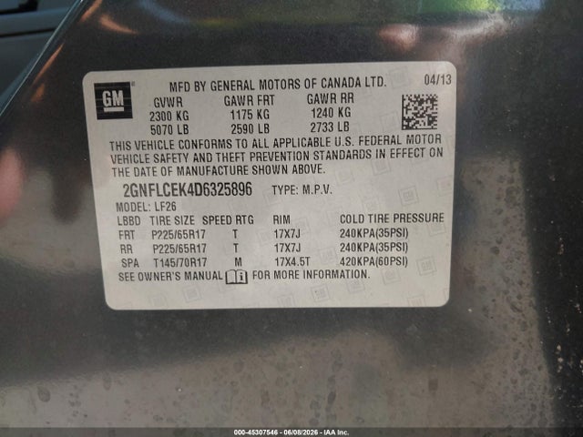 2013 Chevrolet Equinox Ls მანქანა იყიდება აუქციონზე, vin: 2GNFLCEK4D6325896, აუქციონის ნომერი: 45307546