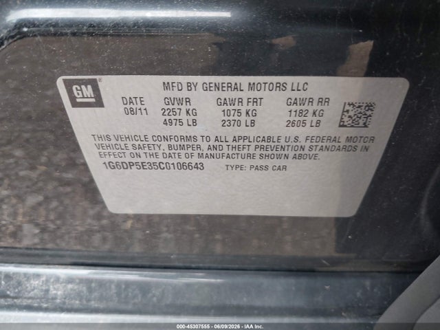 45307555 :رقم المزاد ، 1G6DP5E35C0106643 vin ، 2012 Cadillac Cts Premium مزاد بيع