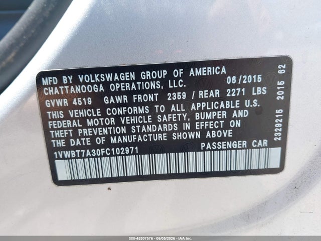 2015 Volkswagen Passat 1.8t Sport მანქანა იყიდება აუქციონზე, vin: 1VWBT7A30FC102971, აუქციონის ნომერი: 45307576
