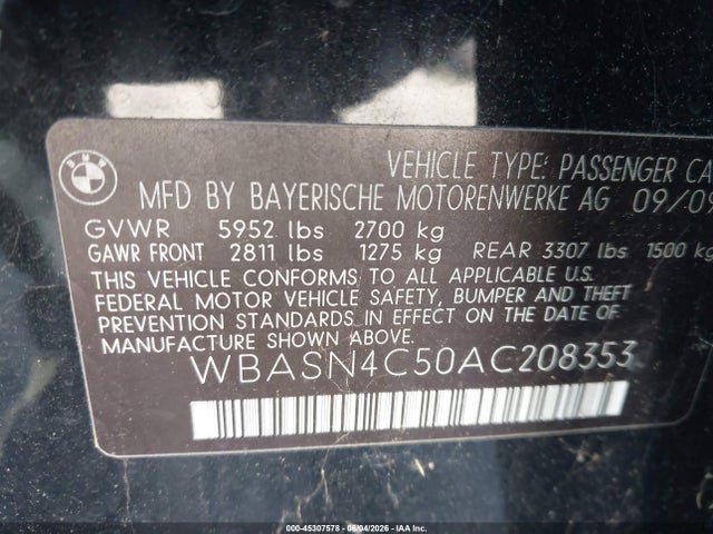 Aukcja sprzedaży 2010 Bmw 550i Gran Turismo, vin: WBASN4C50AC208353, numer aukcji: 45307578