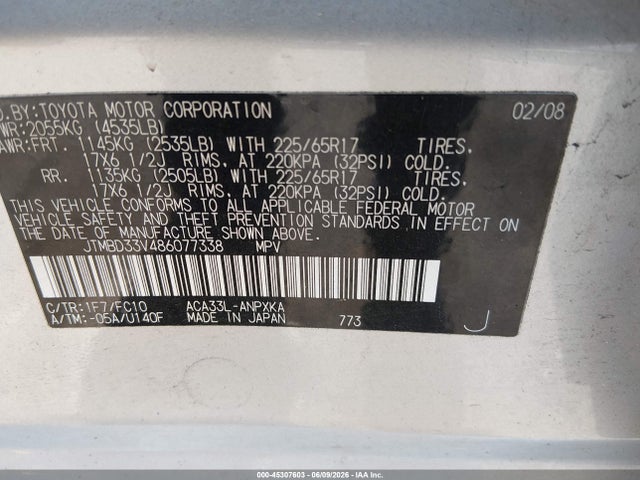 45307603 :رقم المزاد ، JTMBD33V486077338 vin ، 2008 Toyota Rav4 مزاد بيع