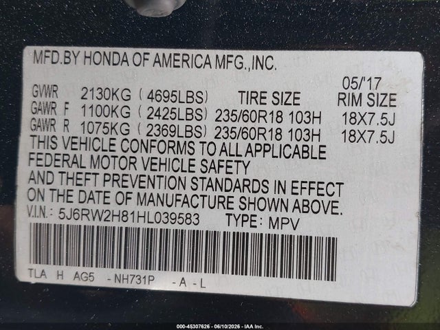 2017 Honda Cr-v Ex-l/ex-l Navi მანქანა იყიდება აუქციონზე, vin: 5J6RW2H81HL039583, აუქციონის ნომერი: 45307626