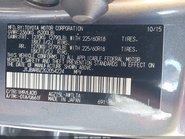 45307631 :رقم المزاد ، JTJBARBZ2G2054224 vin ، 2016 Lexus Nx 200t مزاد بيع