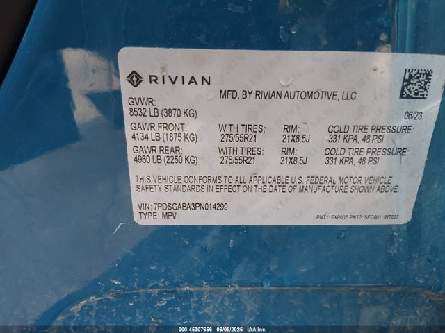 Продаж на аукціоні авто 2023 Rivian R1s Adventure, vin: 7PDSGABA3PN014299, номер лоту: 45307656