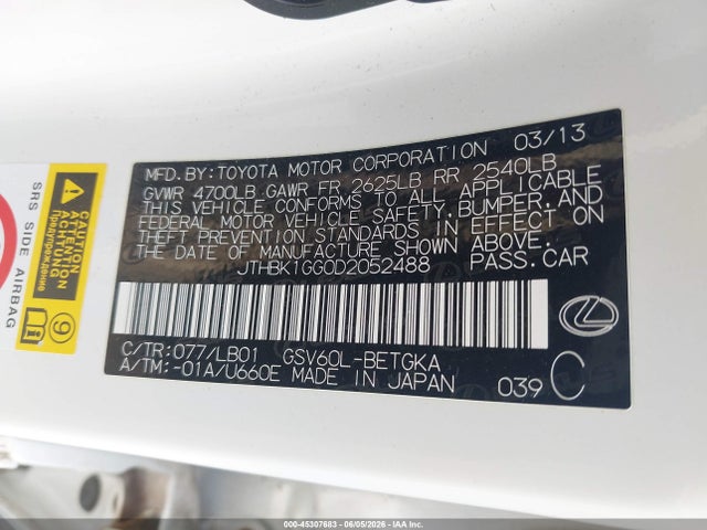 45307683 :رقم المزاد ، JTHBK1GG0D2052488 vin ، 2013 Lexus Es 350 مزاد بيع