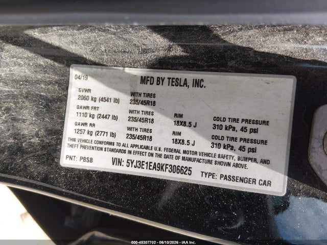 Aukcja sprzedaży 2019 Tesla Model 3 Long Range/mid Range/standard Range/standard Range Plus, vin: 5YJ3E1EA9KF306625, numer aukcji: 45307702