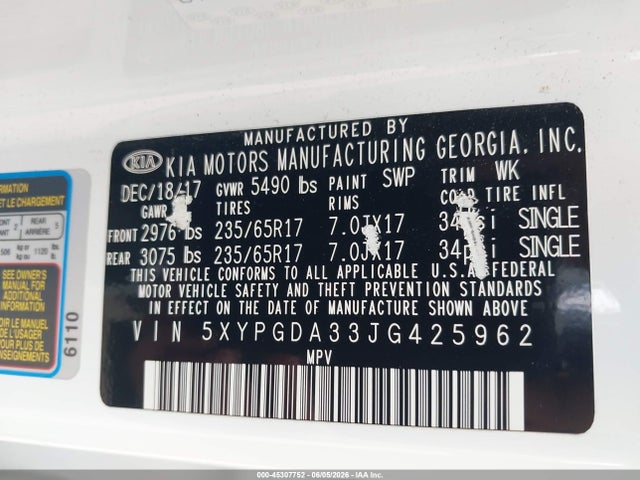 2018 Kia Sorento 2.4l Lx მანქანა იყიდება აუქციონზე, vin: 5XYPGDA33JG425962, აუქციონის ნომერი: 45307752