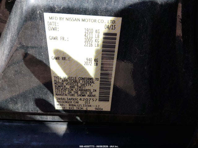 Продаж на аукціоні авто 2015 Nissan Altima 2.5 S, vin: 1N4AL3APXFC420757, номер лоту: 45307773