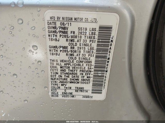 Продажа на аукционе авто 2012 Infiniti Fx35, vin: JN8AS1MW8CM150037, номер лота: 45307800