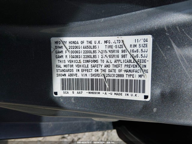 Aukcja sprzedaży 2005 Honda Cr-v Lx, vin: SHSRD78525U312889, numer aukcji: 45307815
