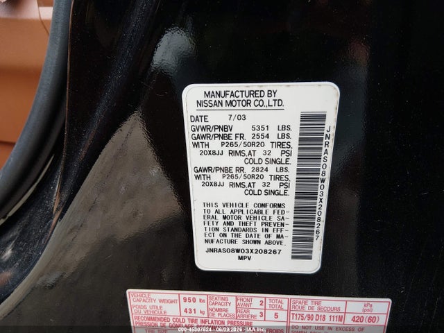 45307824 :رقم المزاد ، JNRAS08W03X208267 vin ، 2003 Infiniti Fx35 مزاد بيع