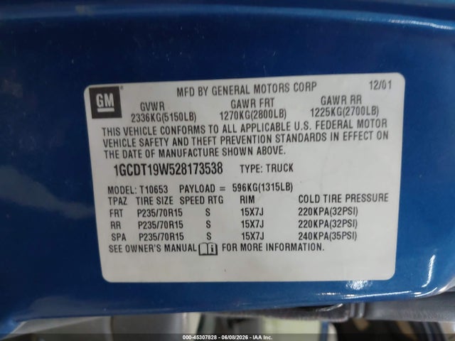 45307828 :رقم المزاد ، 1GCDT19W528173538 vin ، 2002 Chevrolet S-10 مزاد بيع